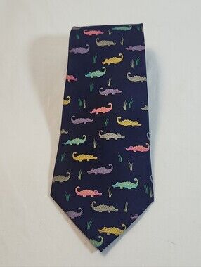 Vintage Men's  Alynn Neckwear Colorful Alligators 100% Silk Navy Tie Made in USA